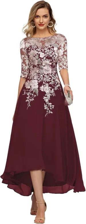 GARDOM Embroidery Midi Mother of The Bride Dresses for Wedding Tea Length Half Sleeve Lace Chiffon Formal Evening Gowns