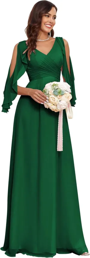 GARDOM Ruffle Sleeve Chiffon Bridesmaid Dresses for Women Cold Shoulder Formal Dress for Wedding 2025 V Neck Evening Gowns