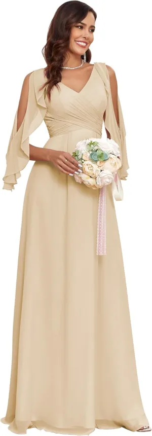 GARDOM Ruffle Sleeve Chiffon Bridesmaid Dresses for Women Cold Shoulder Formal Dress for Wedding 2025 V Neck Evening Gowns