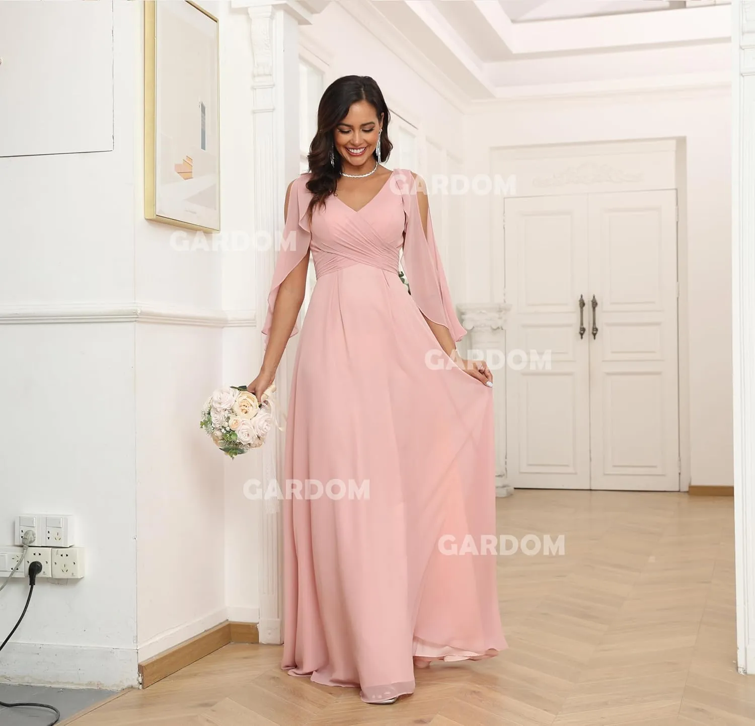GARDOM Ruffle Sleeve Chiffon Bridesmaid Dresses for Women Cold Shoulder Formal Dress for Wedding 2025 V Neck Evening Gowns