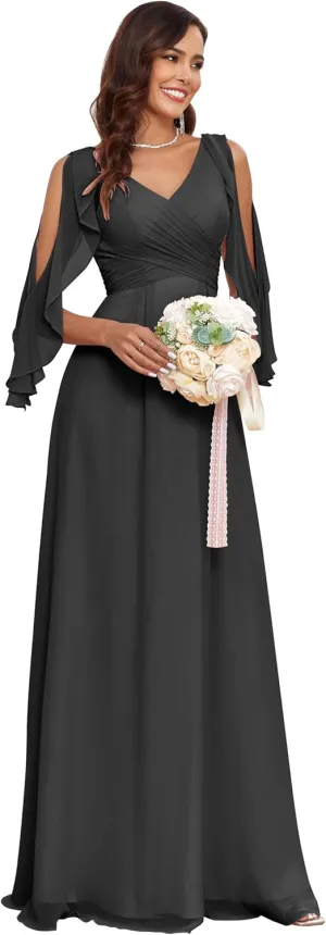 GARDOM Ruffle Sleeve Chiffon Bridesmaid Dresses for Women Cold Shoulder Formal Dress for Wedding 2025 V Neck Evening Gowns