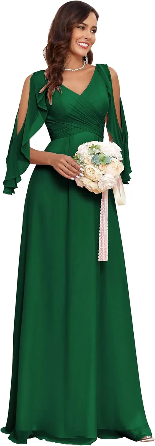GARDOM Ruffle Sleeve Chiffon Bridesmaid Dresses for Women Cold Shoulder Formal Dress for Wedding 2025 V Neck Evening Gowns