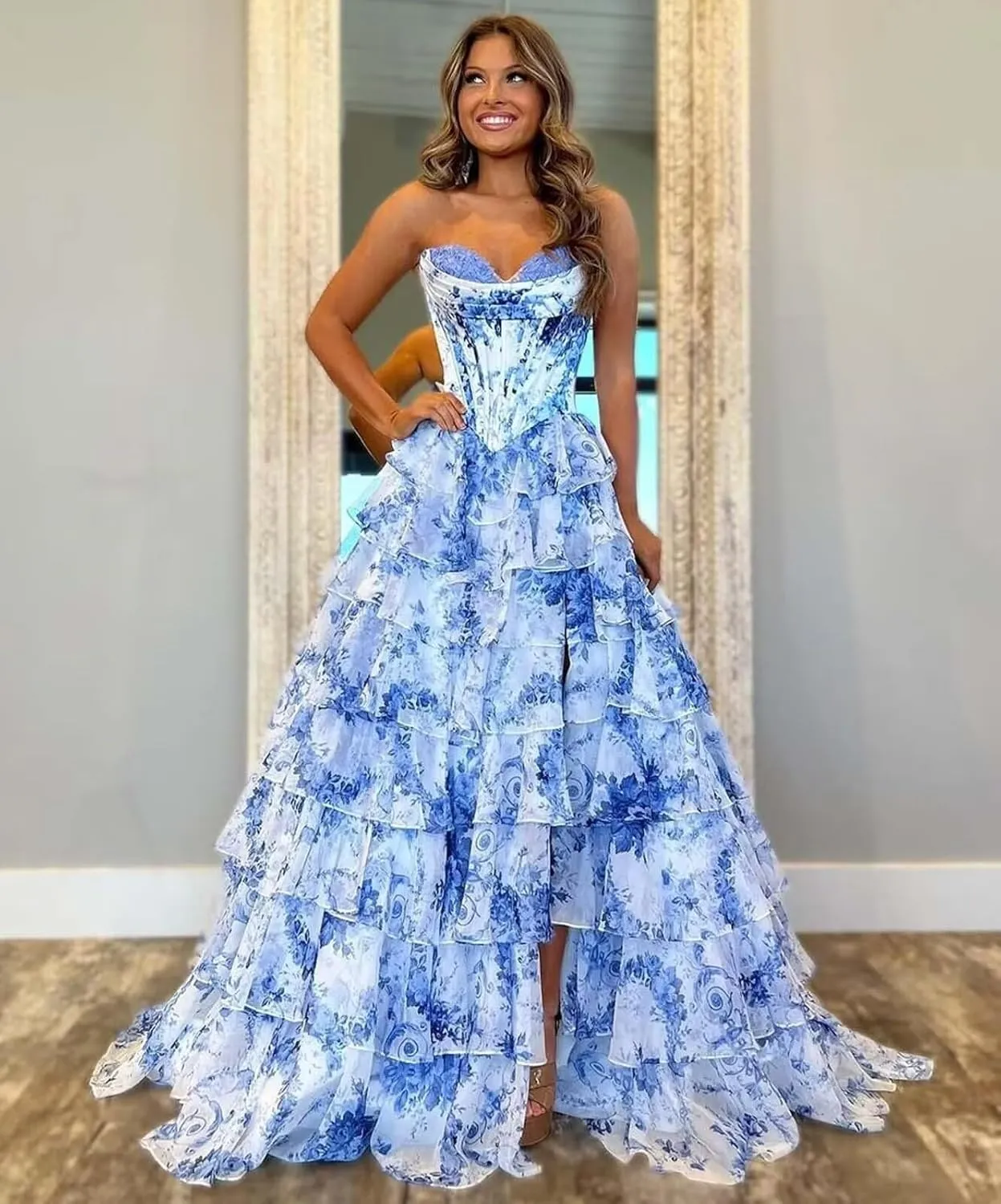 GATMAHE Tulle Floral Prom Dresses for Teens 2025 Tiererd Long Ball Gown Strapless Sweetheart Formal Evening Gowns with Slit