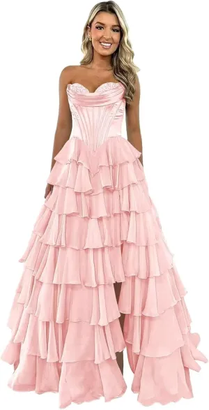 GATMAHE Tulle Floral Prom Dresses for Teens 2025 Tiererd Long Ball Gown Strapless Sweetheart Formal Evening Gowns with Slit