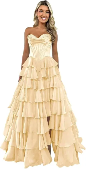 GATMAHE Tulle Floral Prom Dresses for Teens 2025 Tiererd Long Ball Gown Strapless Sweetheart Formal Evening Gowns with Slit