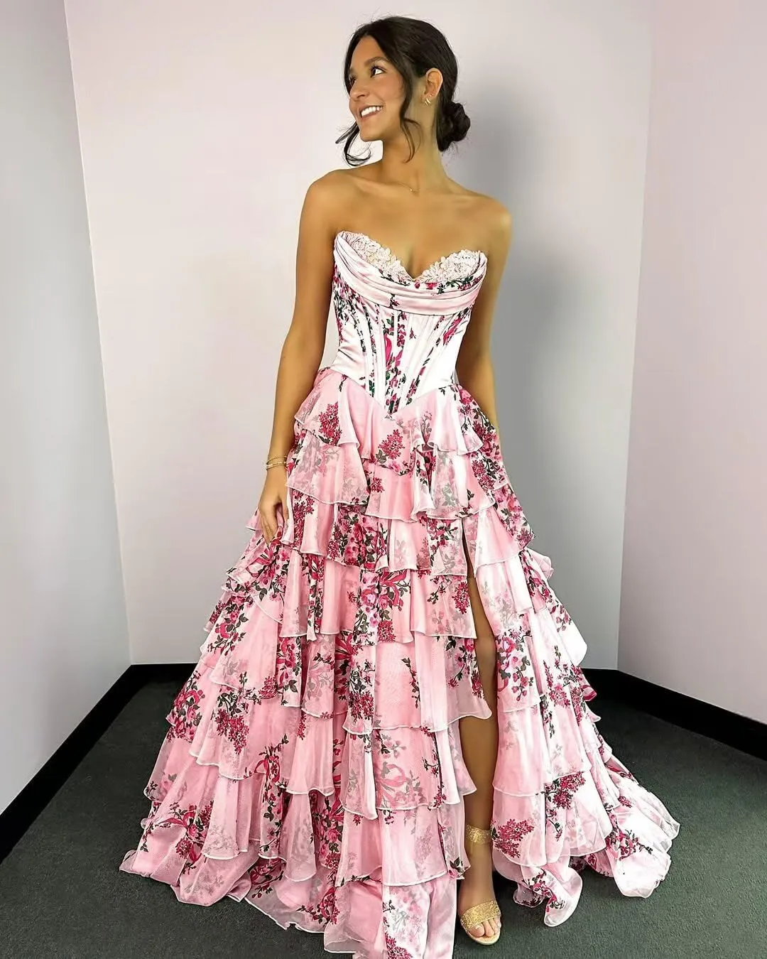 GATMAHE Tulle Floral Prom Dresses for Teens 2025 Tiererd Long Ball Gown Strapless Sweetheart Formal Evening Gowns with Slit