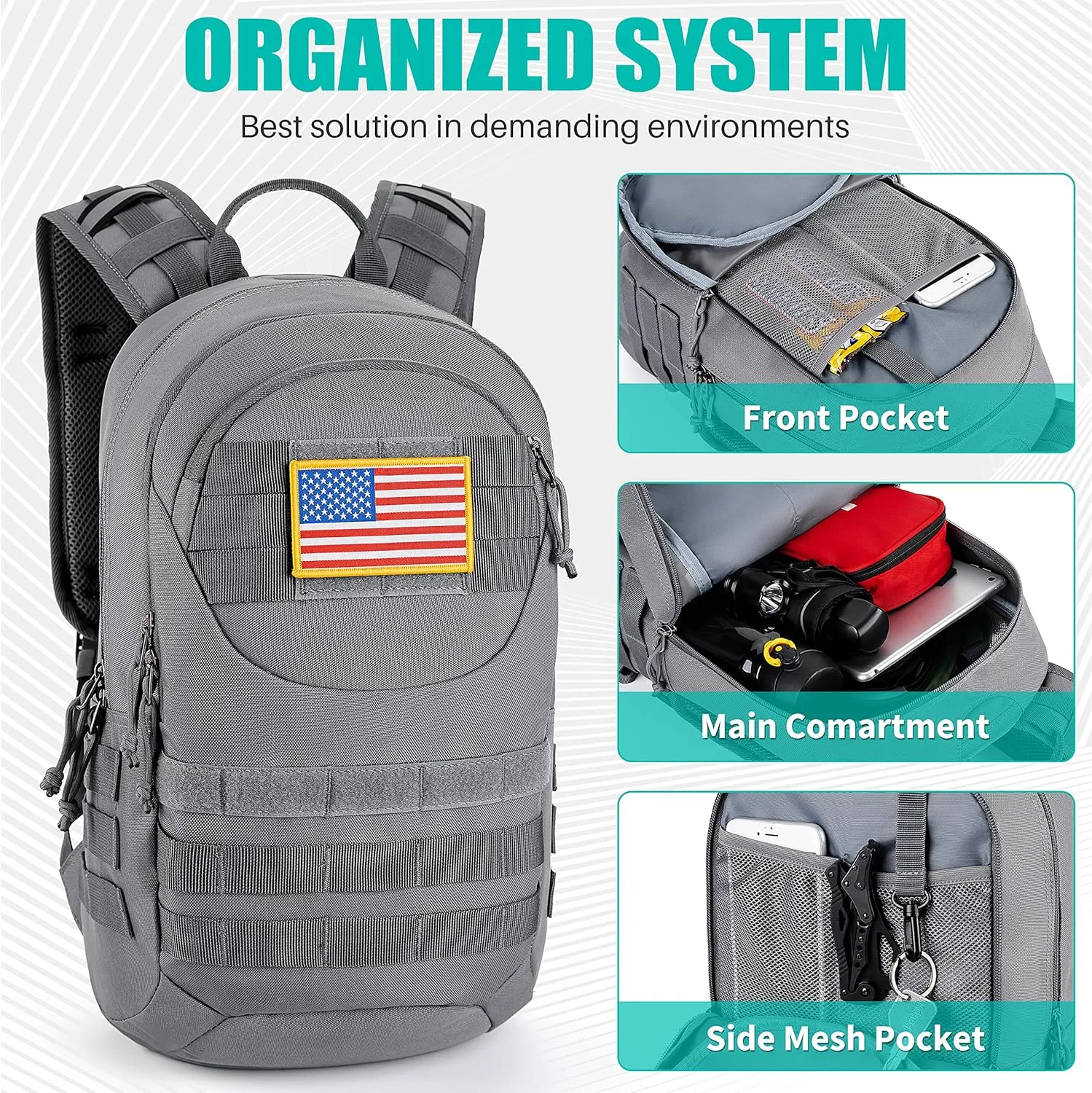 Gelindo Hydration Pack Backpack, 900D Tactical MOLLE Daypack with Quick-Release 2L Water Bladder, Lightweight Backpacks