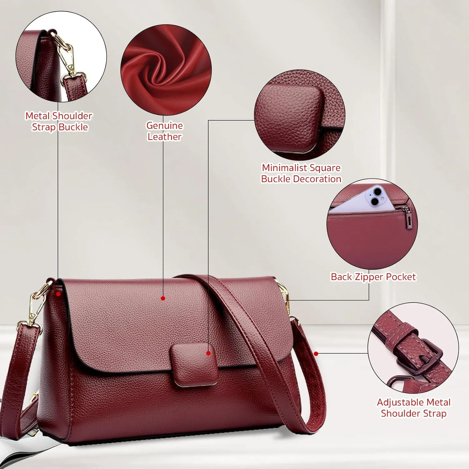 Genuine Leather Crossbody Bag for Women, Small Soft Cowhide Shoulder Purse, Magnetic Closure, Adjustable Strap
