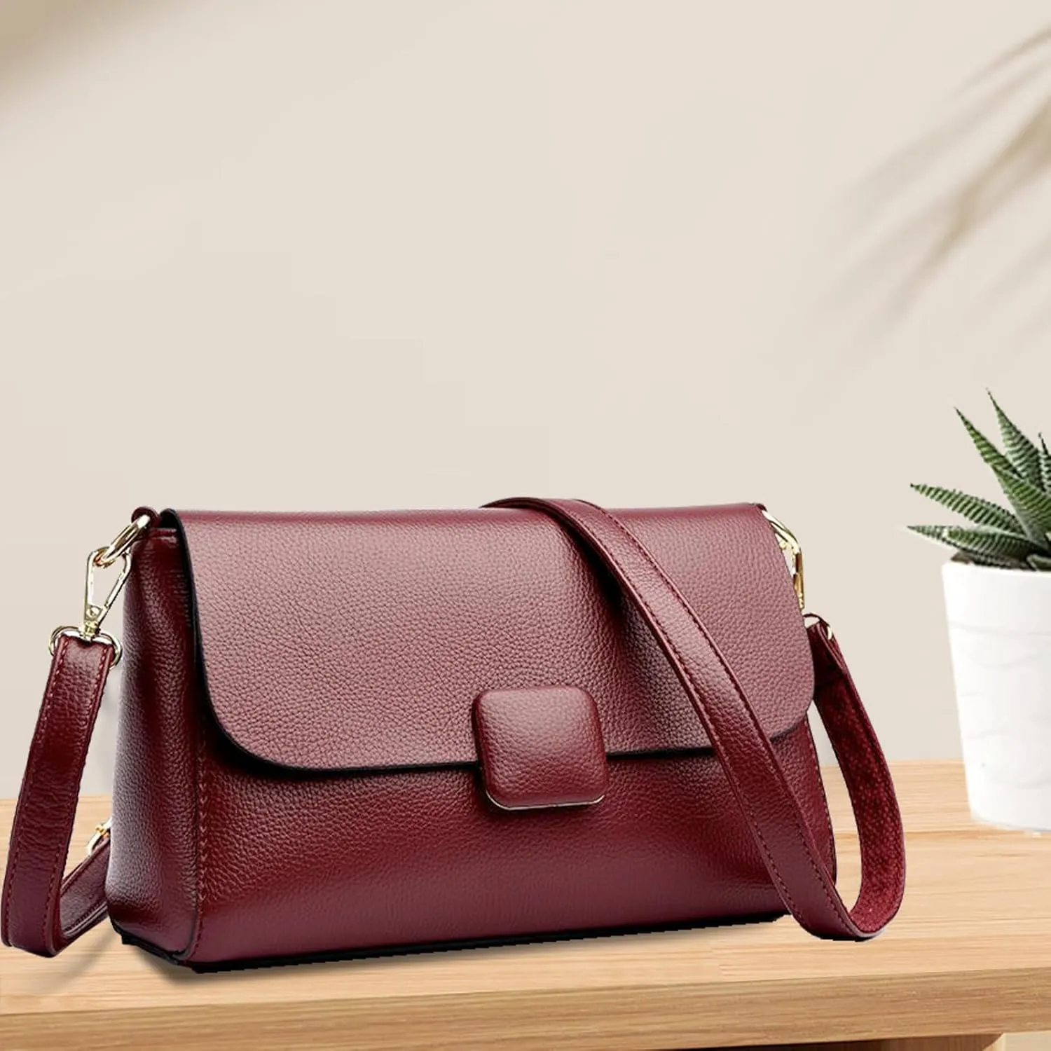 Genuine Leather Crossbody Bag for Women, Small Soft Cowhide Shoulder Purse, Magnetic Closure, Adjustable Strap