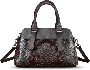 Genuine Leather Purses and Handbags for Women Vintage Embossed Leather Shoulder Bag Crossbody Satchel Bags with Strap