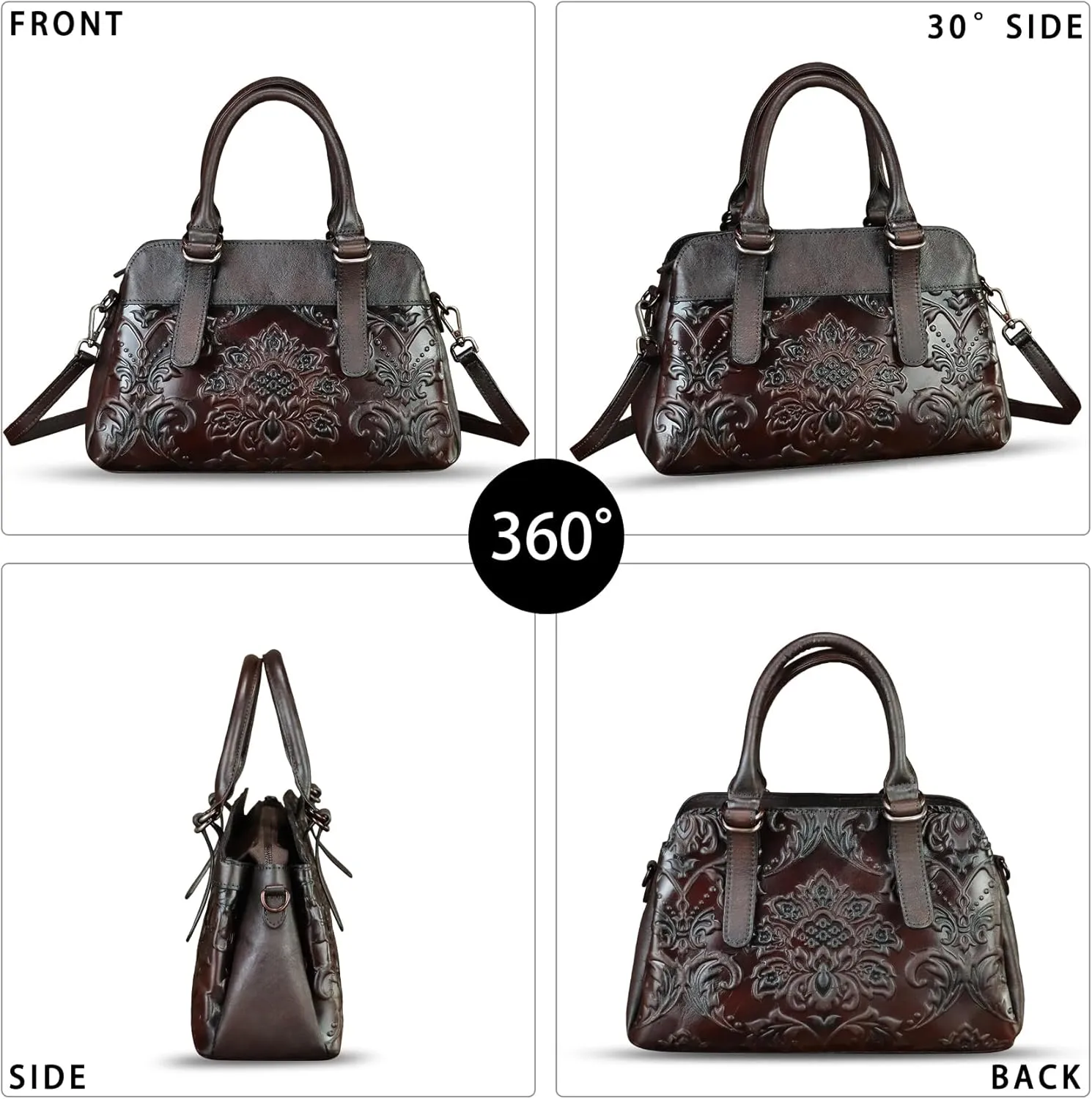 Genuine Leather Purses and Handbags for Women Vintage Embossed Leather Shoulder Bag Crossbody Satchel Bags with Strap