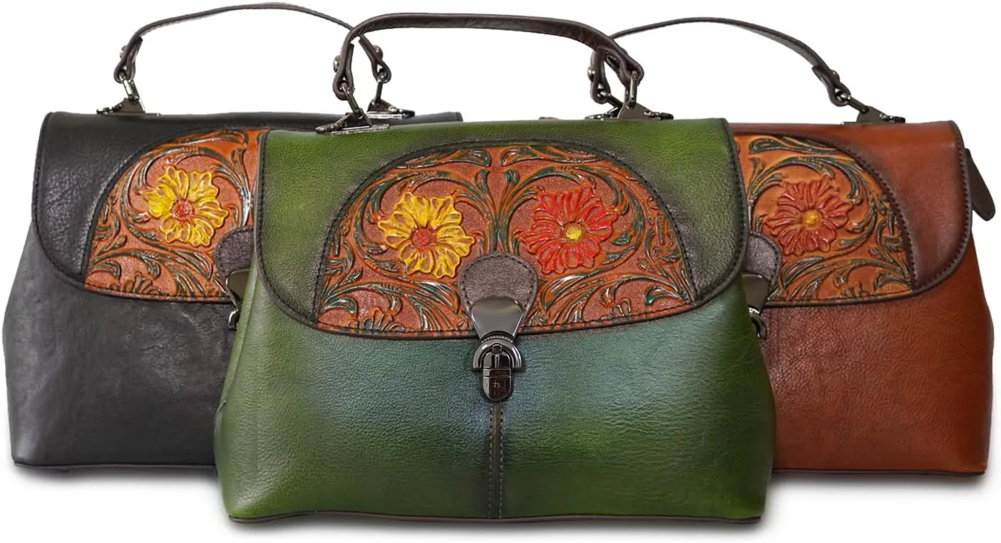 Genuine Leather Satchel for Women Top Handle Bags Handmade Purse Vintage Embossed Leather Crossbody Handbags Hobo Bag