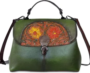 Genuine Leather Satchel for Women Top Handle Bags Handmade Purse Vintage Embossed Leather Crossbody Handbags Hobo Bag