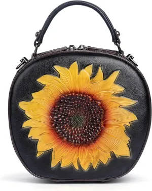 Genuine Leather Vintage Bag for Women: Cowhide Leather Crossbody Purse - Sunflower Embossed Handbag