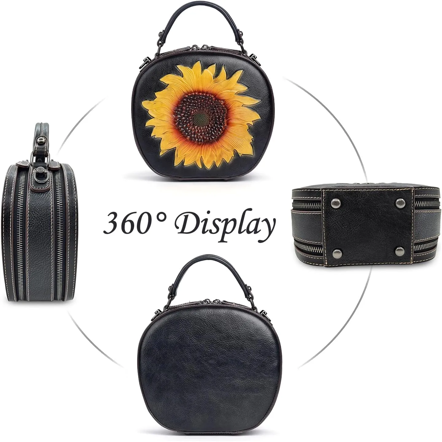 Genuine Leather Vintage Bag for Women: Cowhide Leather Crossbody Purse - Sunflower Embossed Handbag