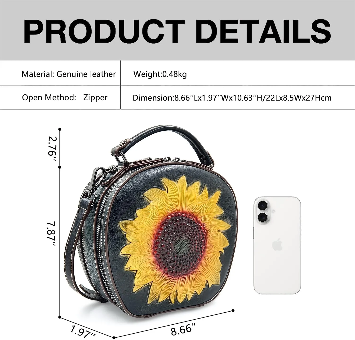 Genuine Leather Vintage Bag for Women: Cowhide Leather Crossbody Purse - Sunflower Embossed Handbag
