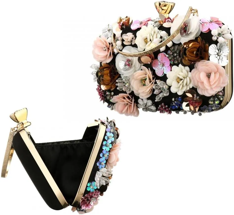 Gets PU Leather Purses and Handbags for Women Floral Beaded Clutch Purse for Wedding Clear Crossbody Bag