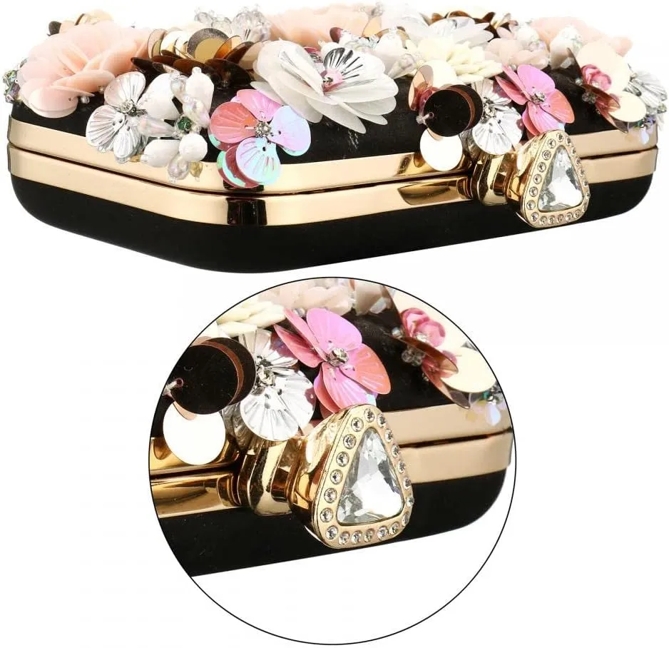 Gets PU Leather Purses and Handbags for Women Floral Beaded Clutch Purse for Wedding Clear Crossbody Bag