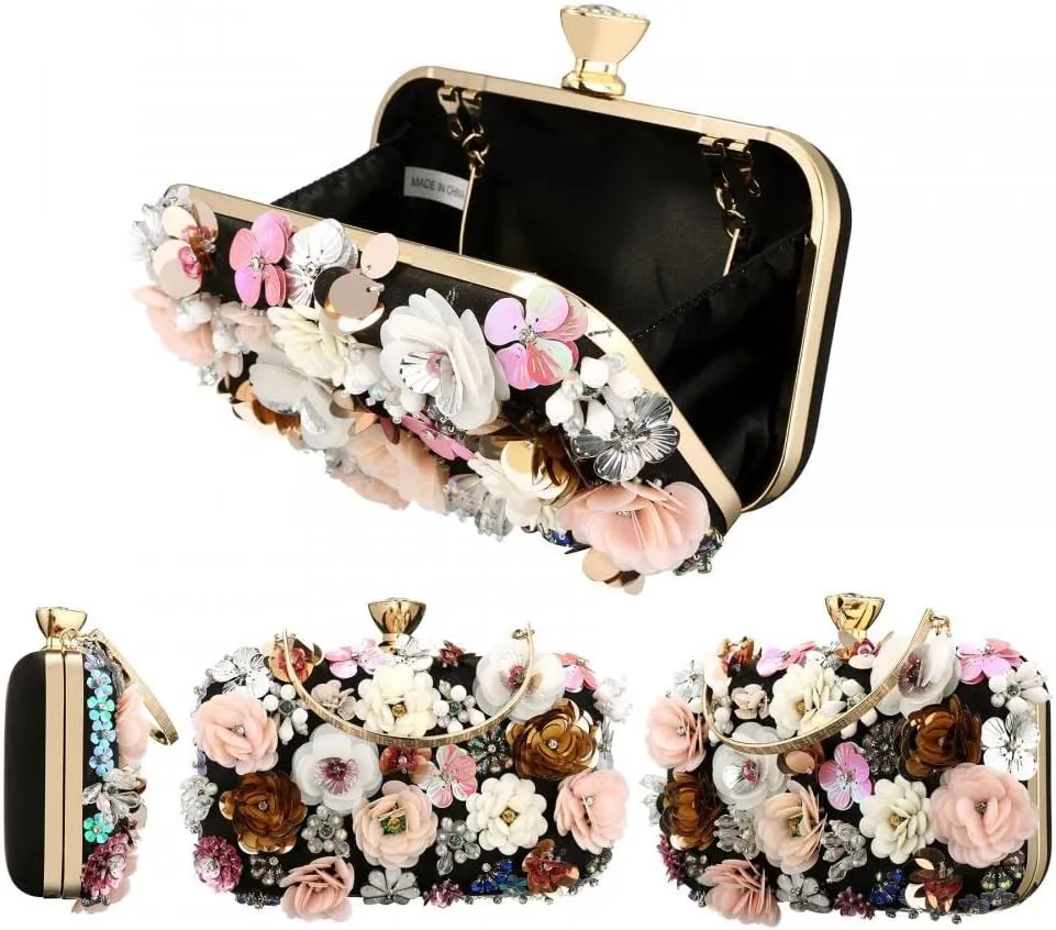 Gets PU Leather Purses and Handbags for Women Floral Beaded Clutch Purse for Wedding Clear Crossbody Bag