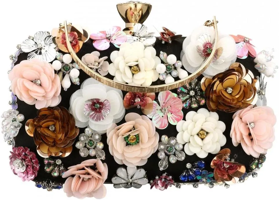 Gets PU Leather Purses and Handbags for Women Floral Beaded Clutch Purse for Wedding Clear Crossbody Bag
