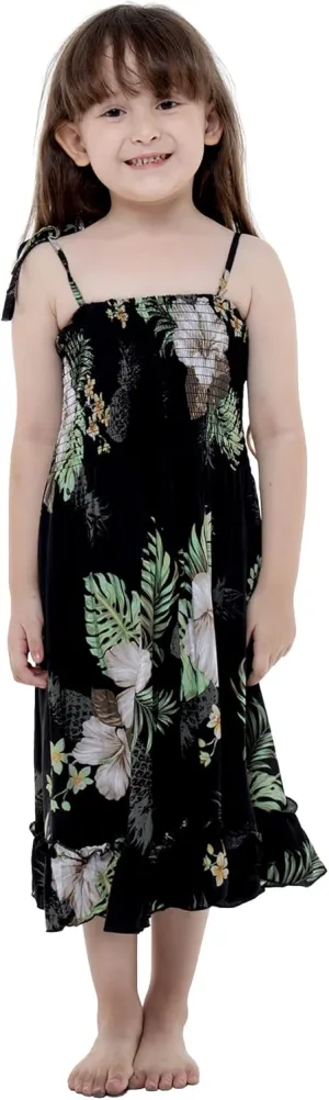 Girl Hawaiian Elastic Top Strap Dress in Pineapple Garden Black