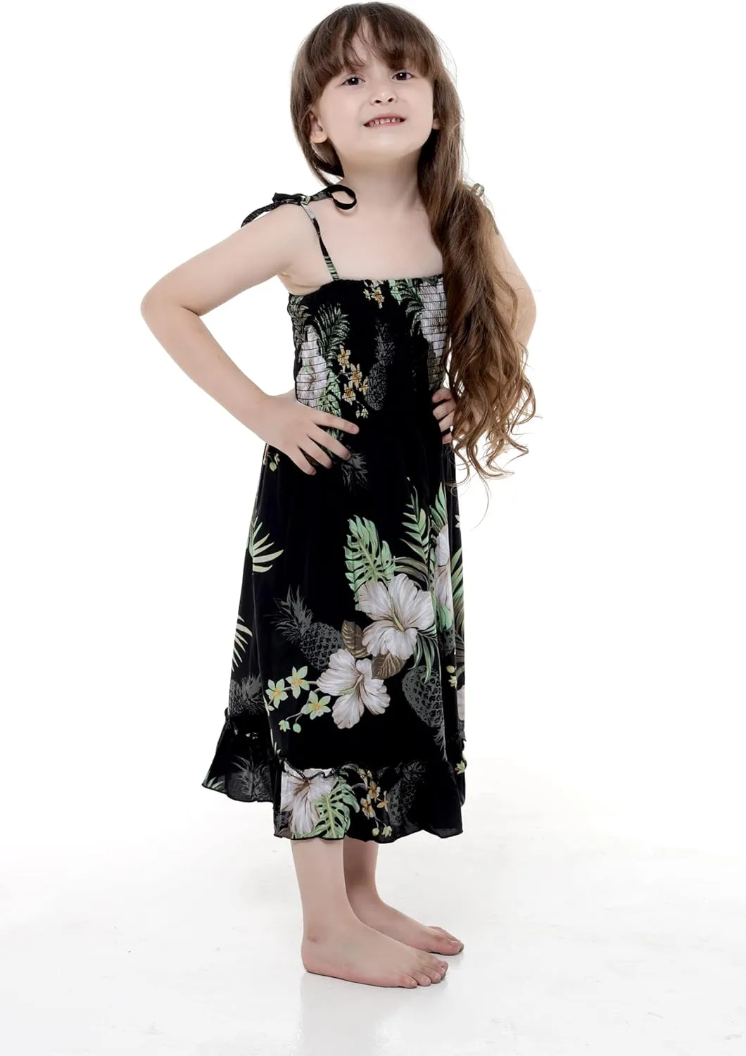 Girl Hawaiian Elastic Top Strap Dress in Pineapple Garden Black