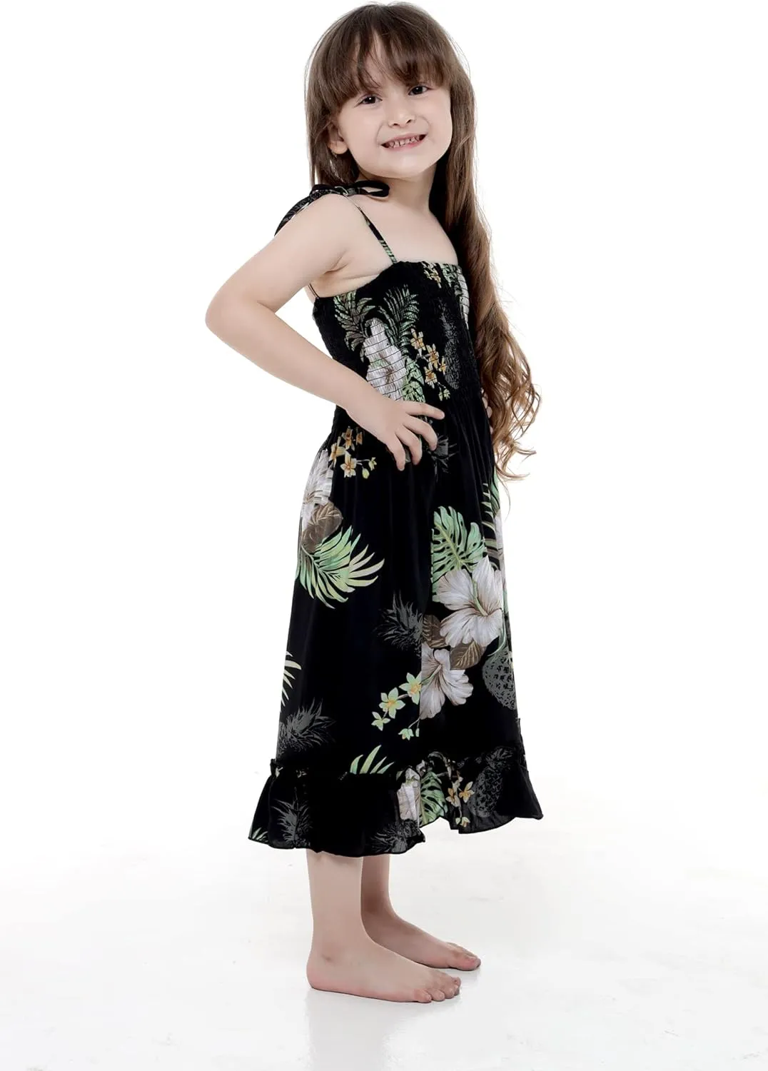 Girl Hawaiian Elastic Top Strap Dress in Pineapple Garden Black
