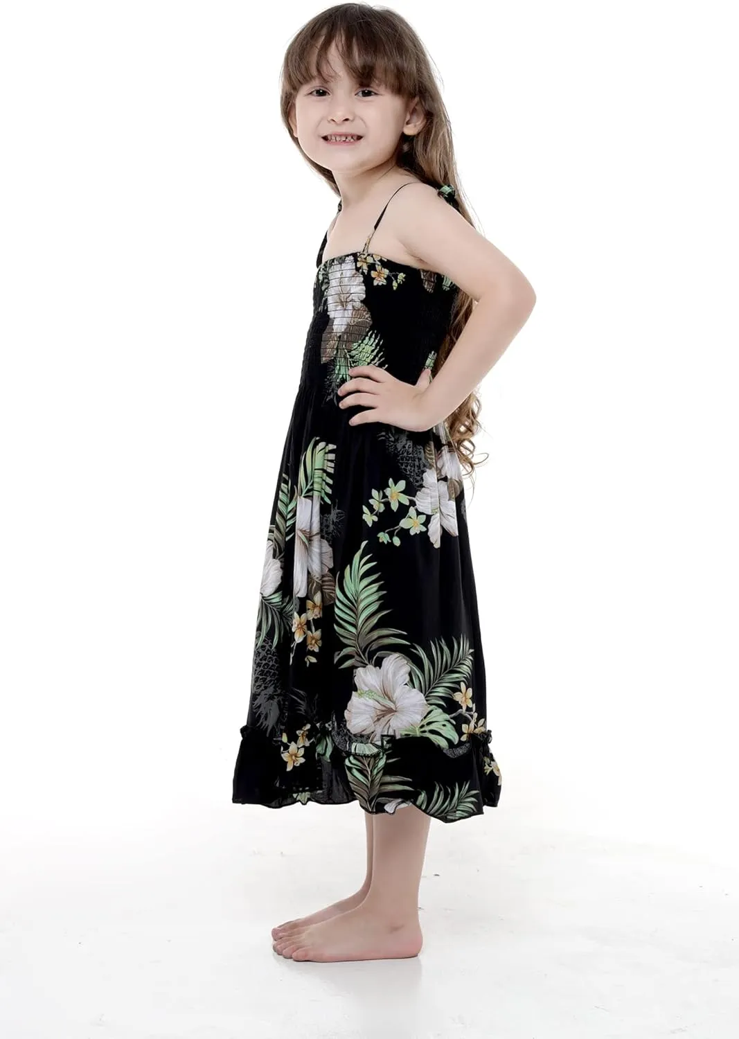 Girl Hawaiian Elastic Top Strap Dress in Pineapple Garden Black