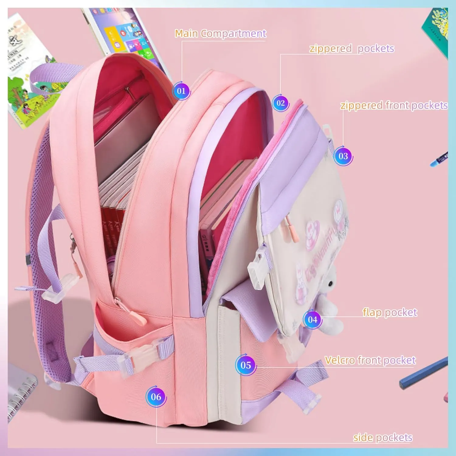 Girls Bunny Backpack - School Backpack for Kids, Kawaii Book Bag for Elementary & Preschool