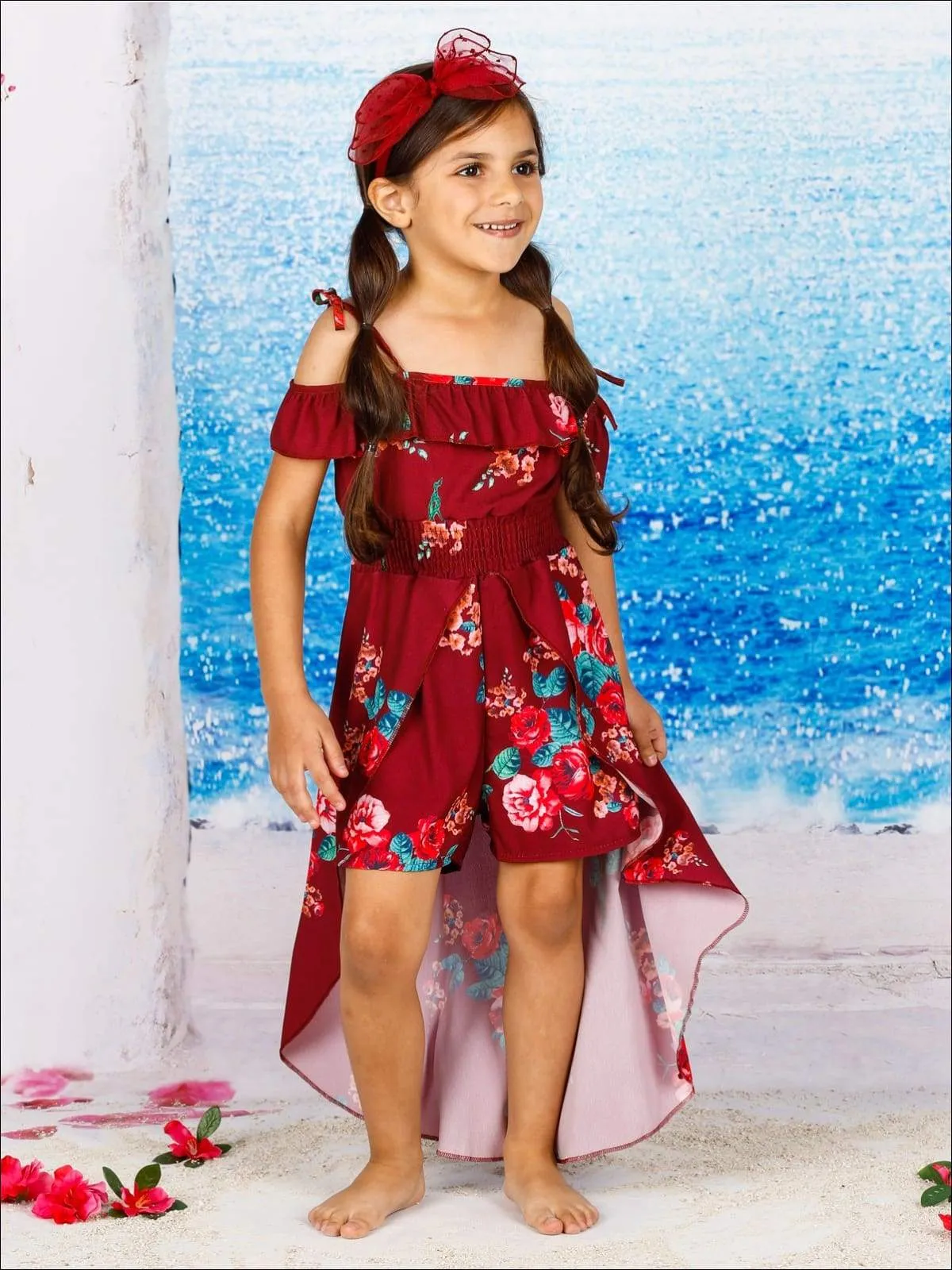 Girls Spring Floral Print Off Shoulder Hi-Low Jumpsuit