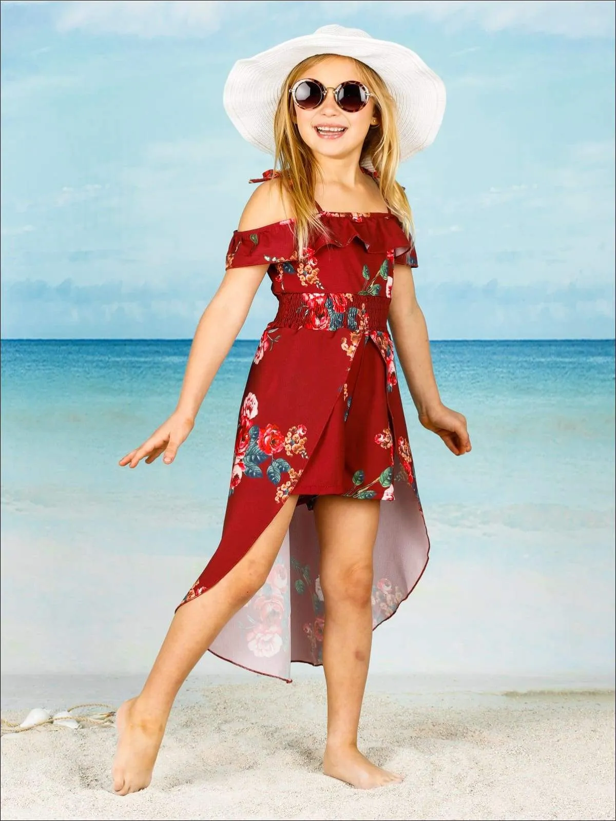Girls Spring Floral Print Off Shoulder Hi-Low Jumpsuit