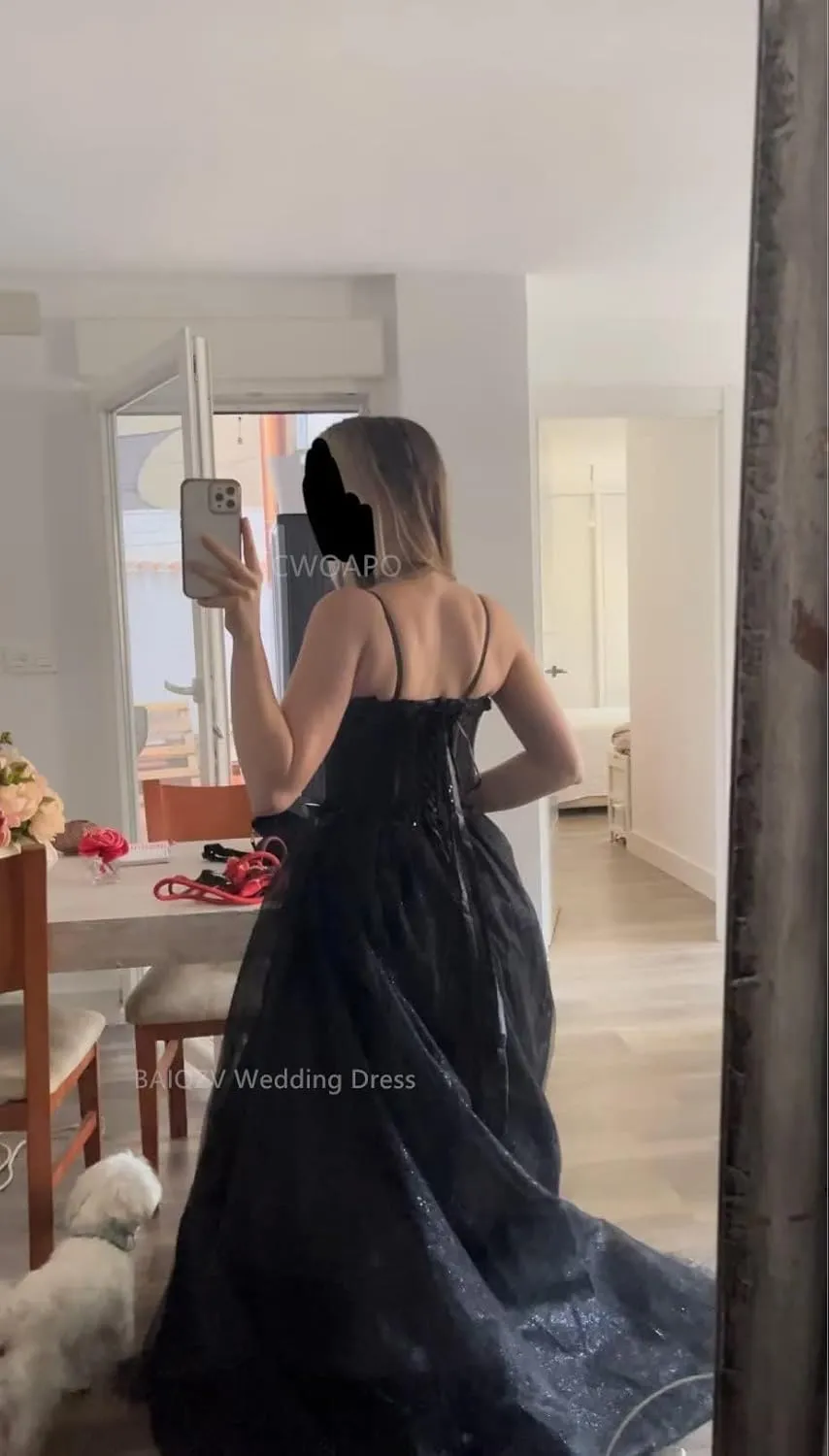 Glitter Tulle Prom Dress Long Ball Gown with Slit Spaghetti Straps Sweetheart Applique Formal Evening Party Gown