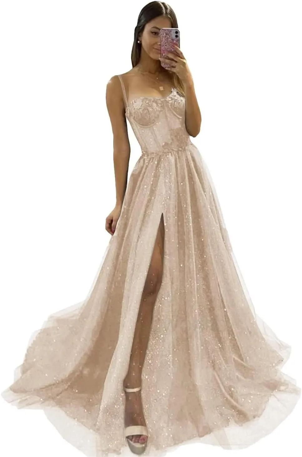 Glitter Tulle Prom Dress Long Ball Gown with Slit Spaghetti Straps Sweetheart Applique Formal Evening Party Gown