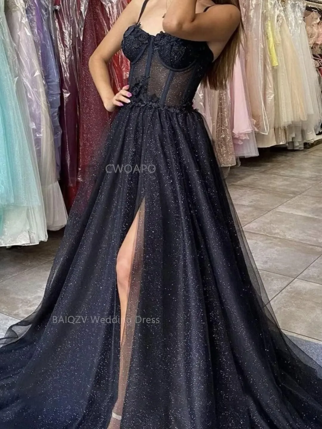 Glitter Tulle Prom Dress Long Ball Gown with Slit Spaghetti Straps Sweetheart Applique Formal Evening Party Gown