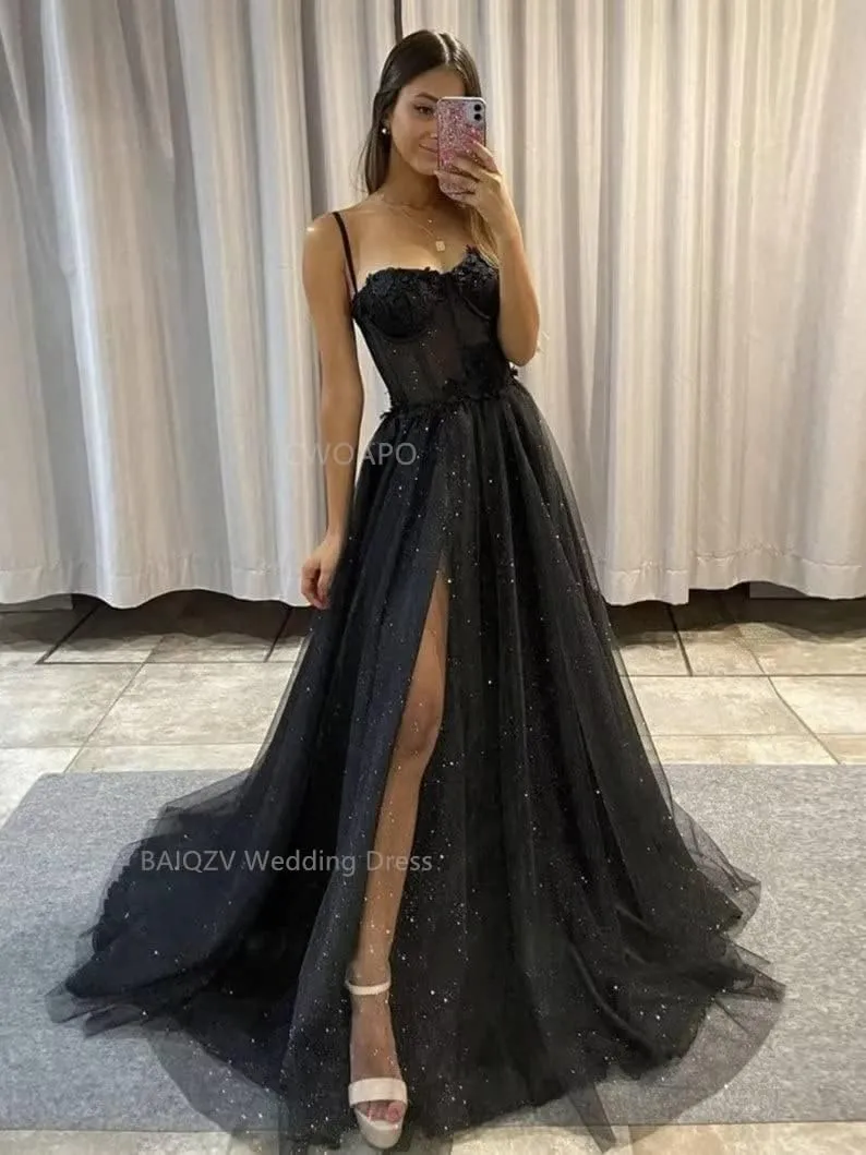 Glitter Tulle Prom Dress Long Ball Gown with Slit Spaghetti Straps Sweetheart Applique Formal Evening Party Gown