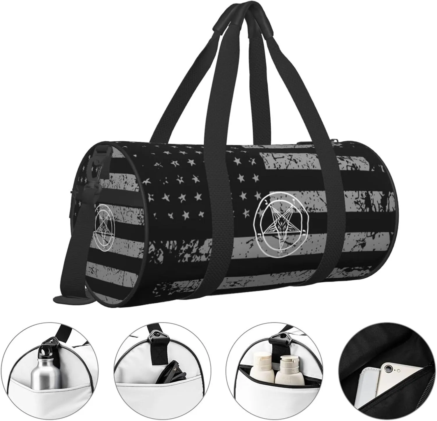 Goat Of Mendes Pentagram Satan Satanic Baphomet Travel Luggage Duffel Bag Sports Rolling Foldable Duffel Bag, Black