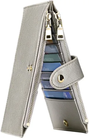GOIACII Womens Wallet Rfid Blocking Bifold Credit Card Holder with 2 Zipper Pockets Champagne Silver