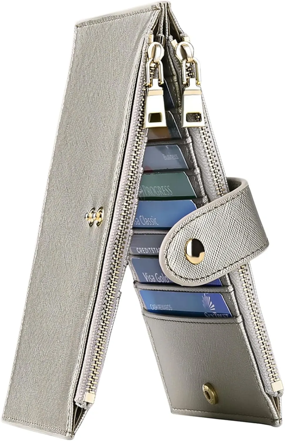 GOIACII Womens Wallet Rfid Blocking Bifold Credit Card Holder with 2 Zipper Pockets Champagne Silver