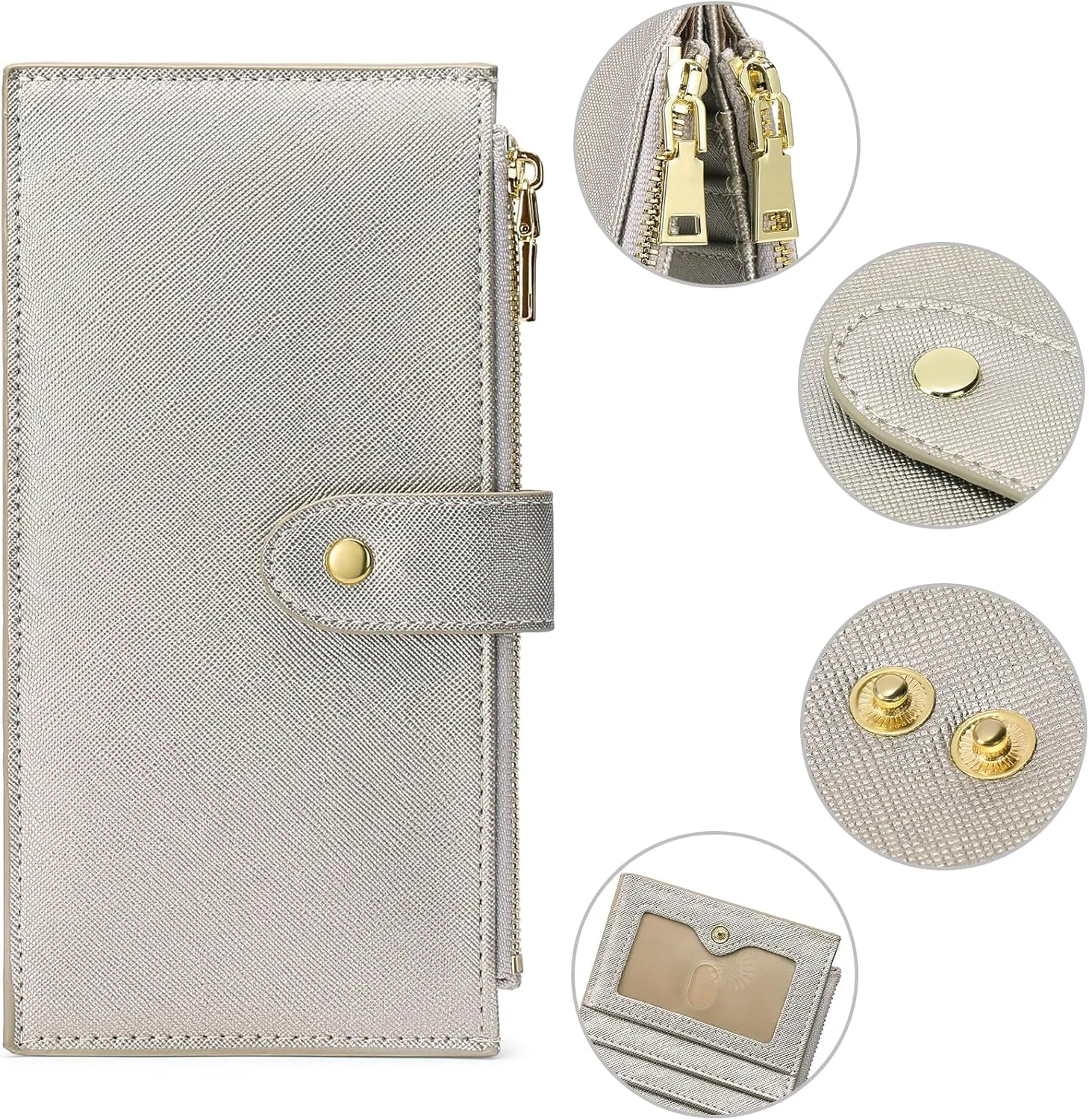 GOIACII Womens Wallet Rfid Blocking Bifold Credit Card Holder with 2 Zipper Pockets Champagne Silver