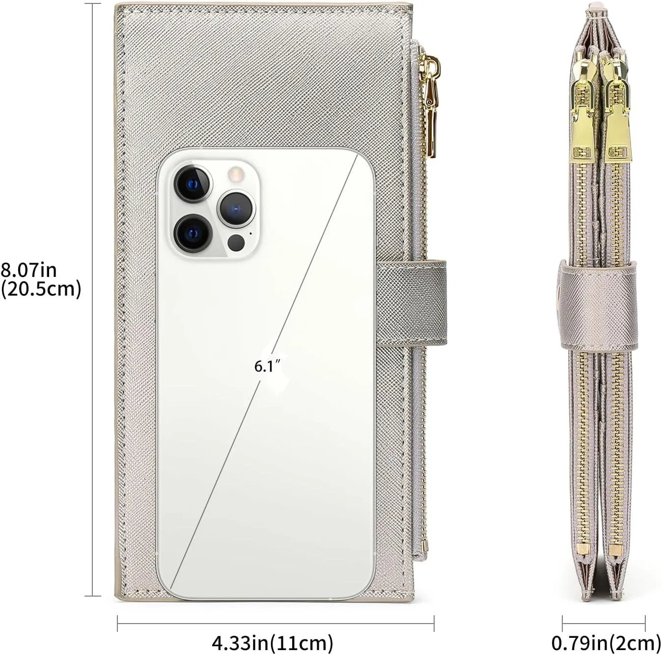 GOIACII Womens Wallet Rfid Blocking Bifold Credit Card Holder with 2 Zipper Pockets Champagne Silver