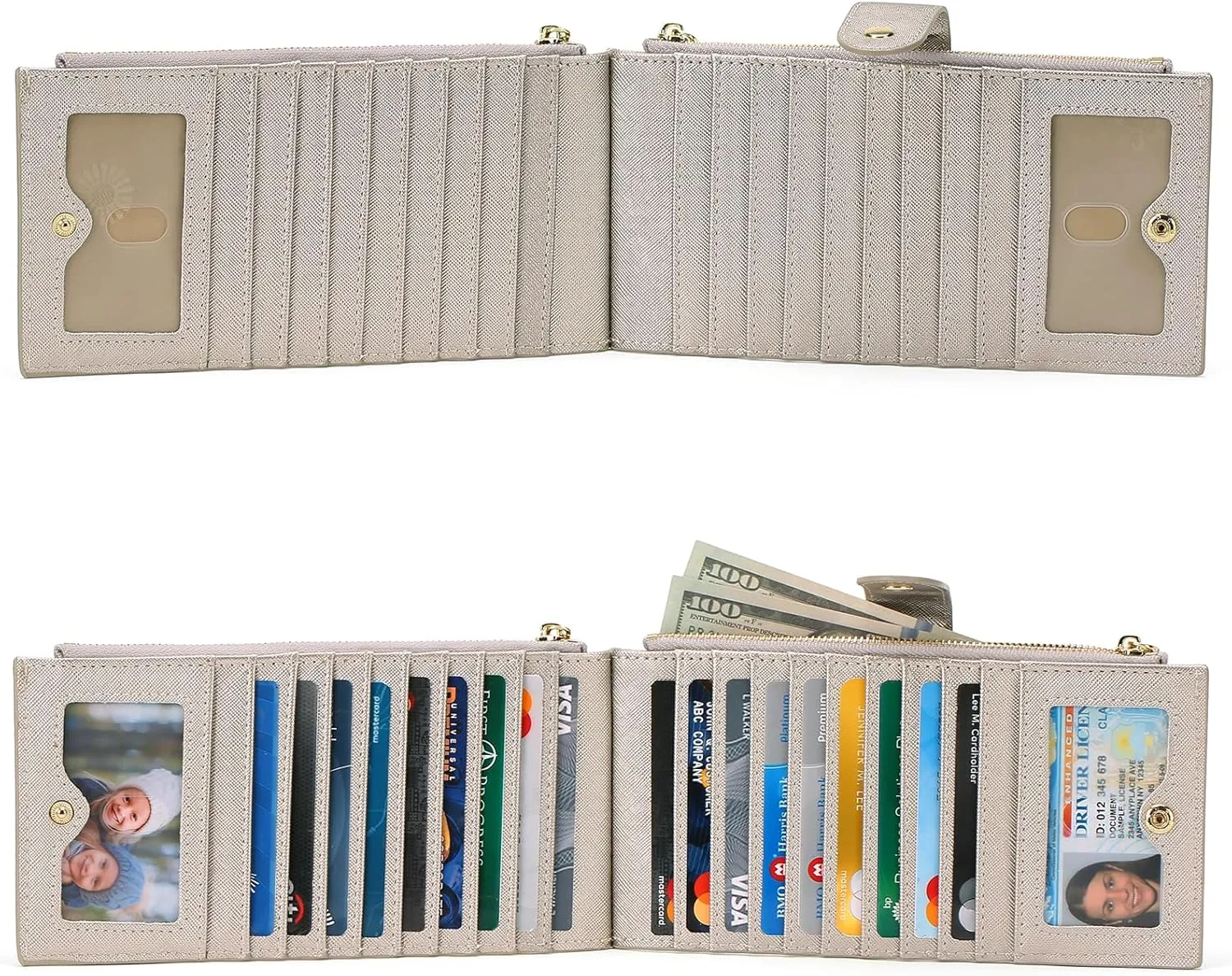 GOIACII Womens Wallet Rfid Blocking Bifold Credit Card Holder with 2 Zipper Pockets Champagne Silver