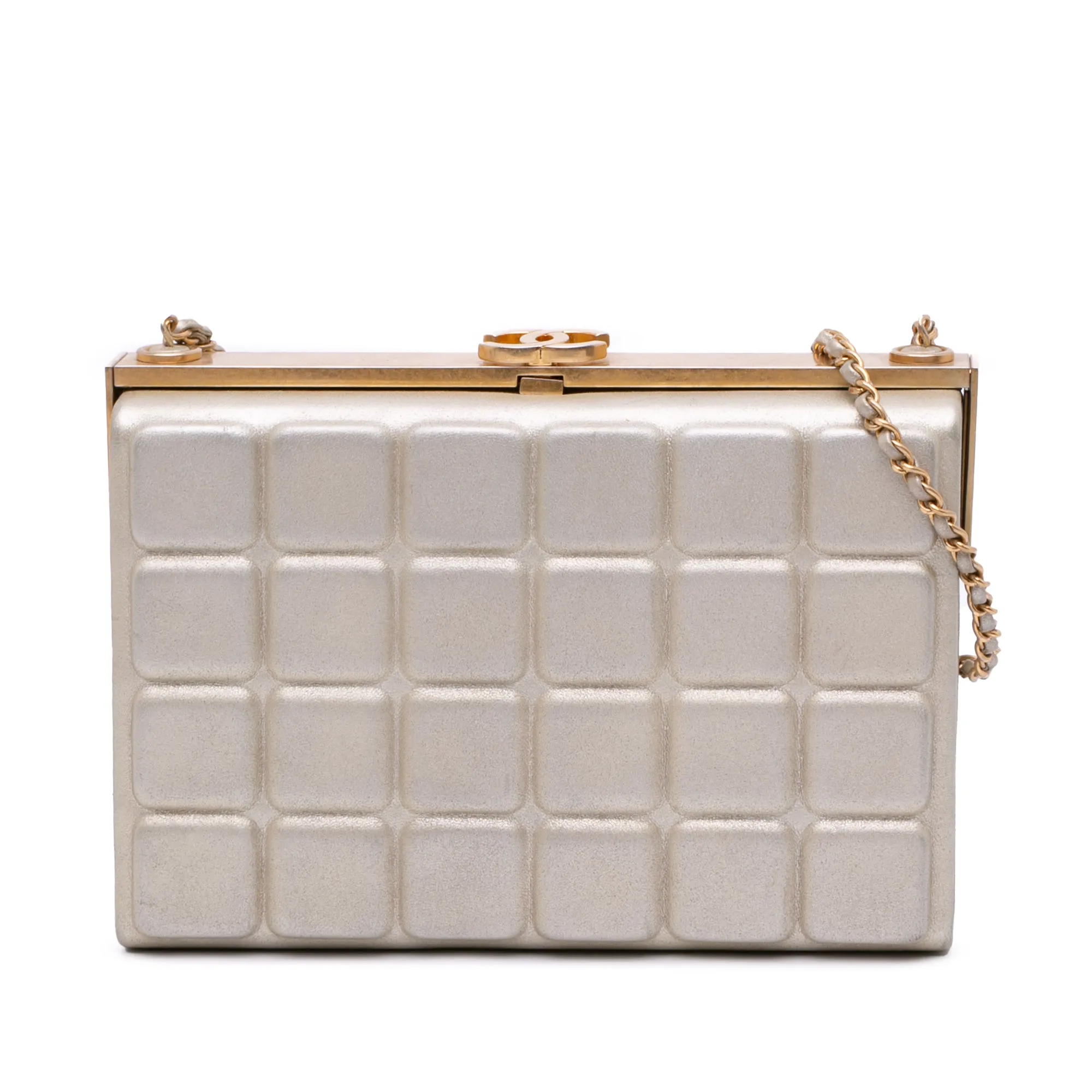Gold Chanel Chocolate Bar Metallic Lambskin Frame Clutch with Chain Crossbody Bag