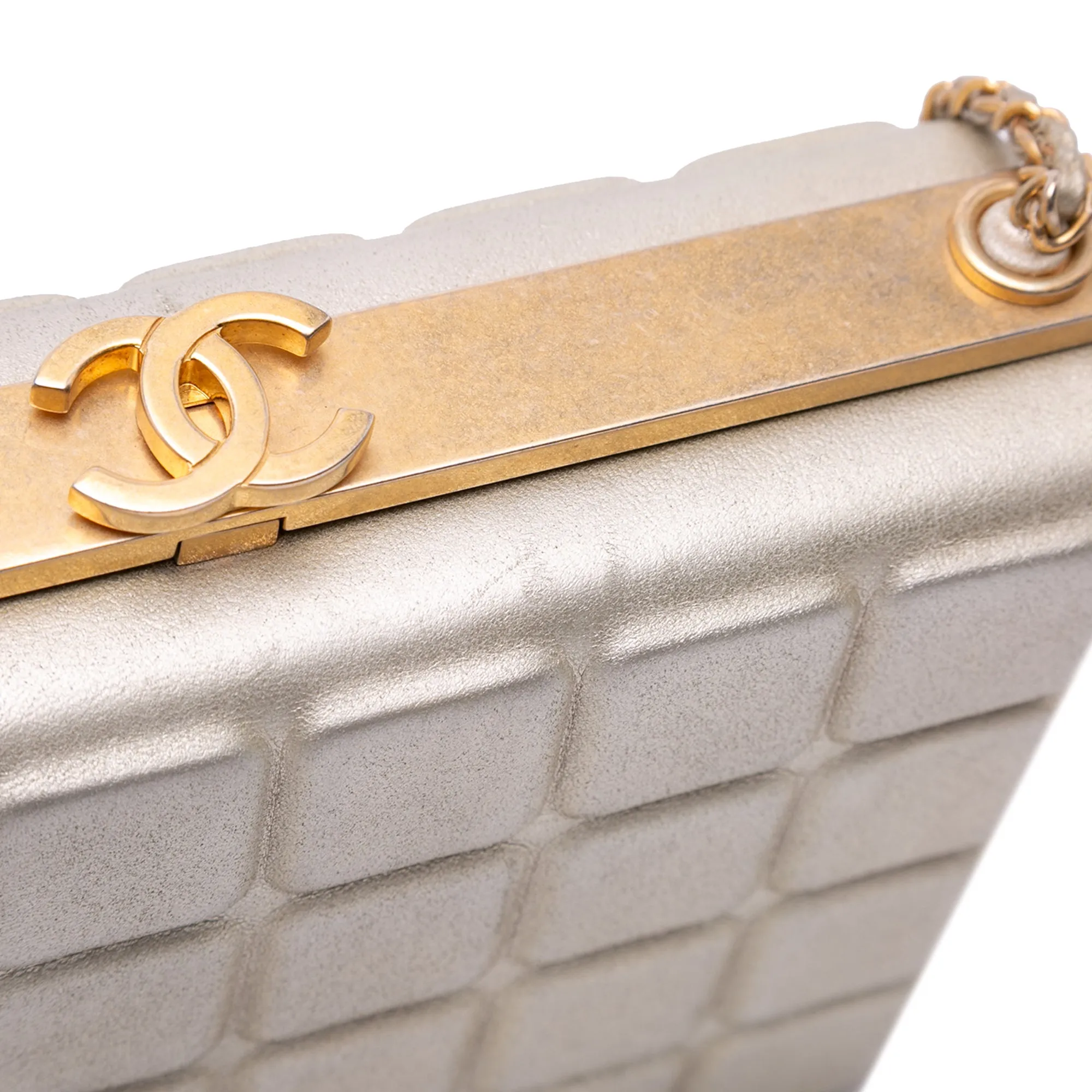 Gold Chanel Chocolate Bar Metallic Lambskin Frame Clutch with Chain Crossbody Bag