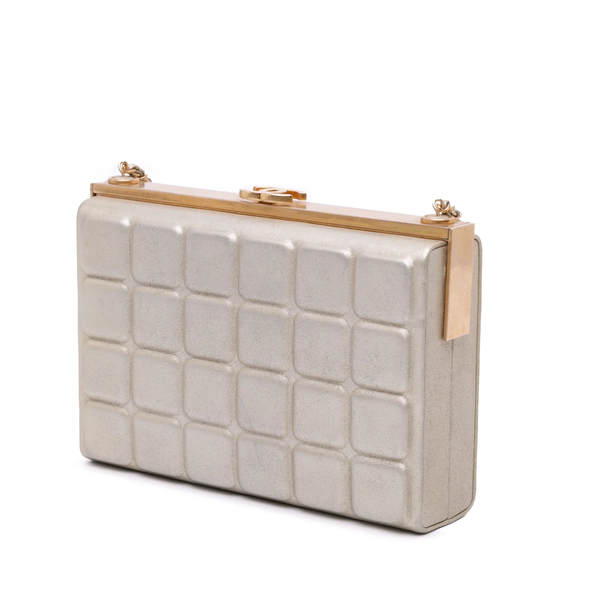 Gold Chanel Chocolate Bar Metallic Lambskin Frame Clutch with Chain Crossbody Bag