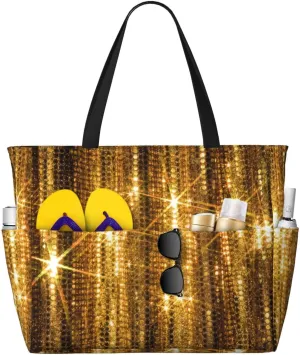 Gold Sequin Sparkle Print Large Tote Bag For Women, Travel Shoulder Bag Handle Handbag For Gym, Work, Travel