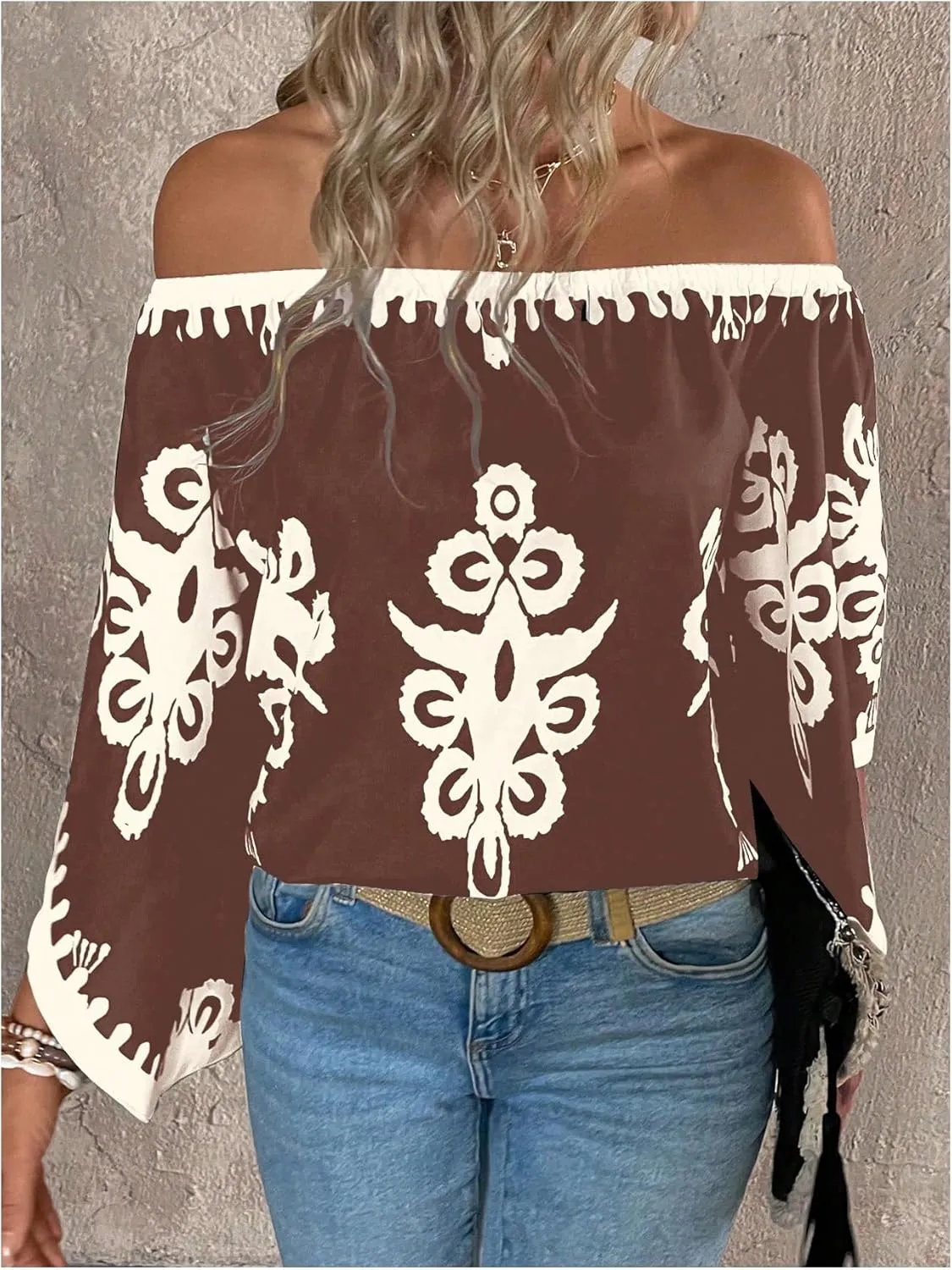 GORGLITTER Women's Off The Shoulder Bell Long Sleeve Top Allover Print Blouse Shirts