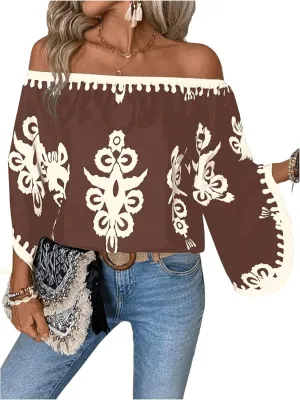 GORGLITTER Women's Off The Shoulder Bell Long Sleeve Top Allover Print Blouse Shirts