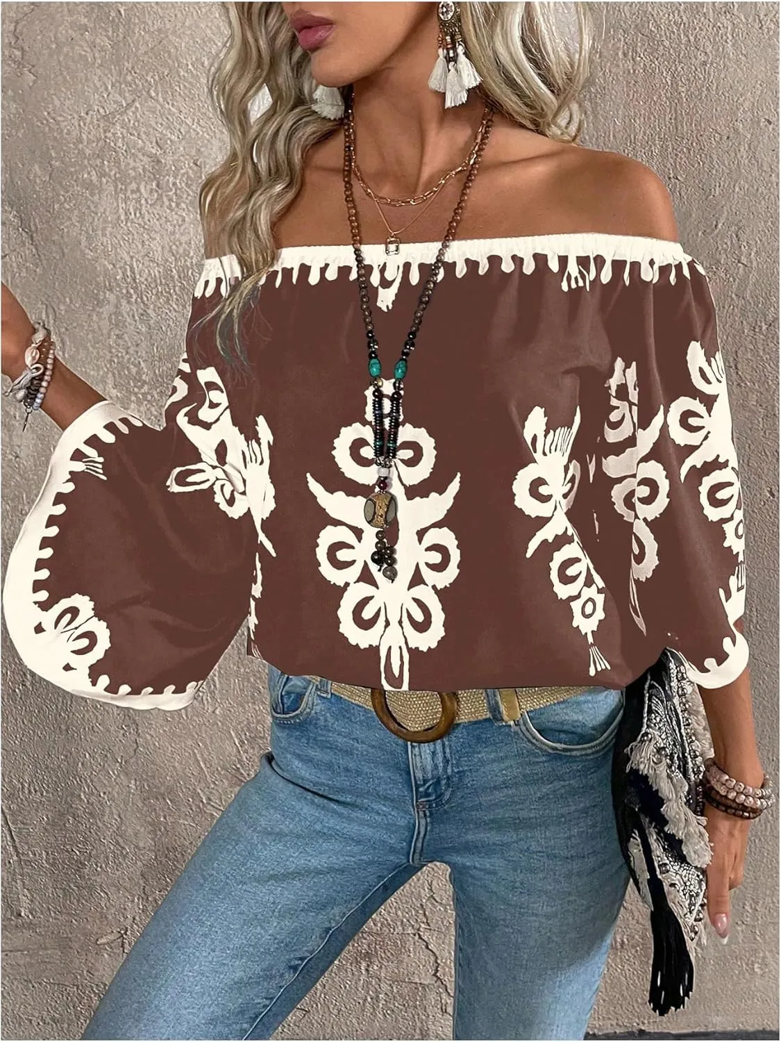 GORGLITTER Women's Off The Shoulder Bell Long Sleeve Top Allover Print Blouse Shirts