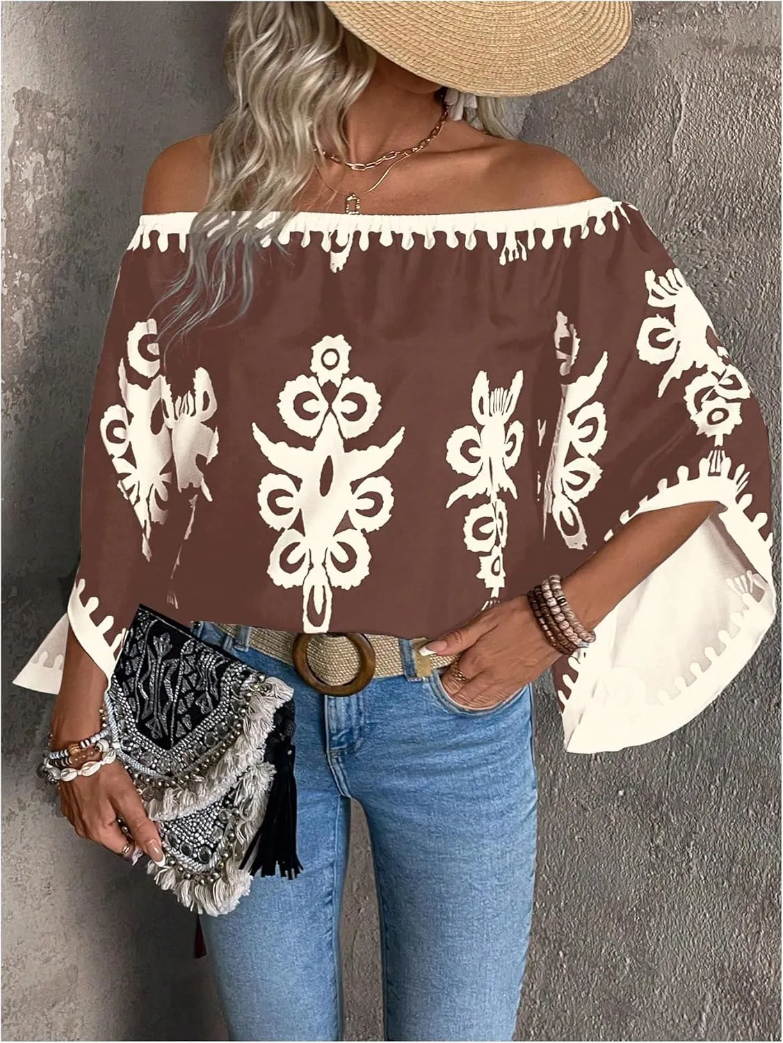 GORGLITTER Women's Off The Shoulder Bell Long Sleeve Top Allover Print Blouse Shirts