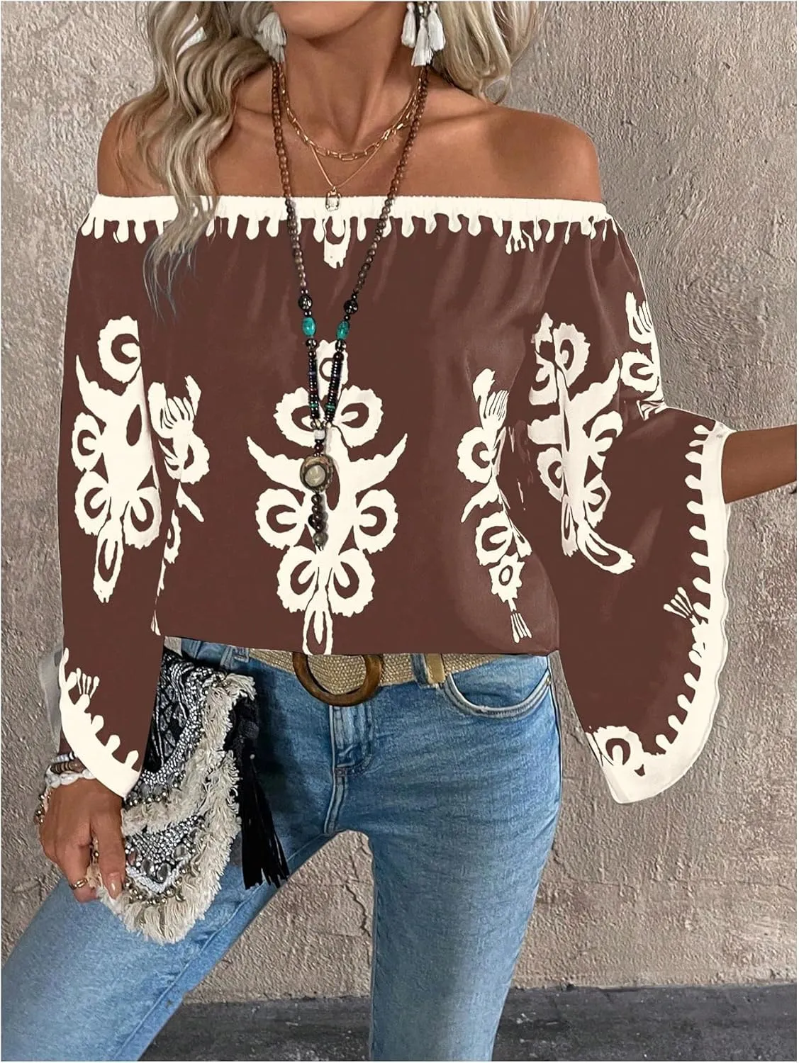 GORGLITTER Women's Off The Shoulder Bell Long Sleeve Top Allover Print Blouse Shirts